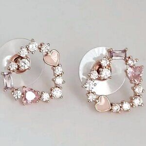 Rose Gold Tone Rhinestone Heart Stud Earrings 5/8"